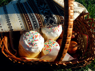 easter eggs and easter cake in basket