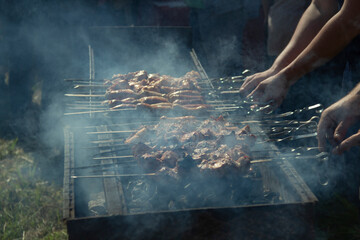 Asian shish kebab, barbecue in the backyard in summer
