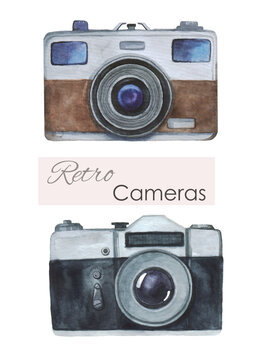 Watercolor retro cameras on a white background. Logo camera. Vintage cameras. Hand draw art illustration.Graphic for fabric,tee-shirt, postcard, greeting card, sticker.
