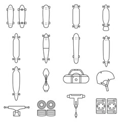 Collection of skateboard and skateboarding equipment thin line icons on isolated background. Longboard, waveboard, penny and downhill board, cruiser, hanger, wheels, bag, helmet vector outline signs.