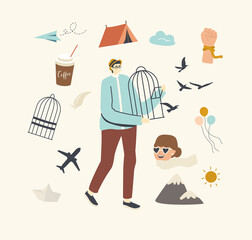 Freedom Concept. Male Character Hold Open Metal Cage with Swallows Flying Out Leaving Imprisonment. Overcome Lockdown