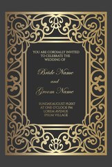 Wedding invitation card template with gold foil pattern. laser cut frame border design