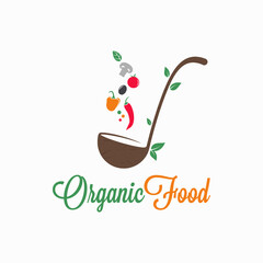 Organic food logo. Ladle with vegetables on white