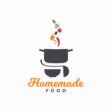 Homemade food logo. Pan with vegetables and plate