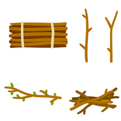 Set of wood. Twigs for fire. Bundle of firewood. Stick of tree with leaves. Set of flat cartoon illustration isolated on white background