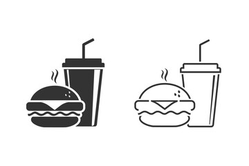 Fast Food Vector Line Icon Set. Burger and soda or cola drink silhouette, isolated symbol