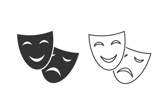Happy and sad theater mask vector line icon set