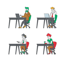 Set of Students Characters. Young People Study at Desks Isolated on White Background. Girls Boys with Laptops and Books