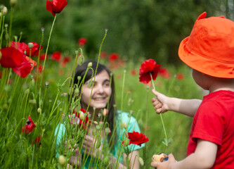 
child gives a flower to a girl