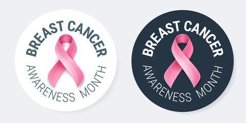 Breast Cancer Awareness pins design template - pink ribbon and text 'Breast Cancer Awareness Month' in round shape - vector illustration - Powered by Adobe