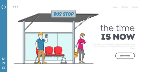 Dwellers Characters on Bus Station Landing Page Template. Man Read Messages on Smartphone, Woman Watching on Watches