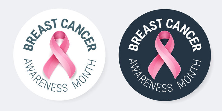 Breast Cancer Awareness pins design template - pink ribbon and text 'Breast Cancer Awareness Month' in round shape - vector illustration