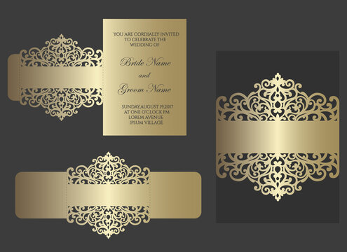 Ornate laser cut wedding invitation bellyband. lace border, card wrap. slide inn envelope design for cutting plotter.