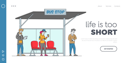 Citizen Waiting City Transport Landing Page Template. Characters Stand on Bus Station. Woman with Coffee Reading Message