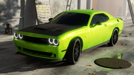 Green Dodge challenger hellcat car on the street - obrazy, fototapety, plakaty
