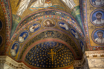 Fototapeta na wymiar Mosaics of the Chapel of Sant Andrea or Archiepiscopal Chapel in Ravenna, Italy. The only existing archiepiscopal chapel of the early Christian era that has been preserved intact to the present day.