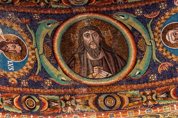 Fototapeta na wymiar Interior of Basilica of San Vitale, which has important examples of early Christian Byzantine art and architecture. Ravenna. Italy