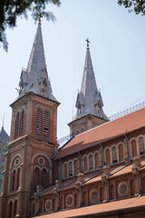 Ho Chi Minh City, Vietnam - March 2nd, 2020: Facade of the Notre-Dame Cathedral Basilica of Saigon officially Cathedral Basilica of Our Lady of The Immaculate Conception