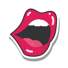 pop art mouth and lips, red sexy female open mouth, line and fill icon