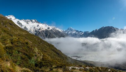 Panorama of Mt. Cook National Park from Mueller Hut route, view on Mount Aoraki/Cook, South Island/New Zealand