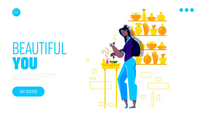 Female perfumer creating new aroma for fragrance, template landing page design