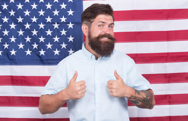 Man well groomed hipster stylish appearance american flag background, working for government concept