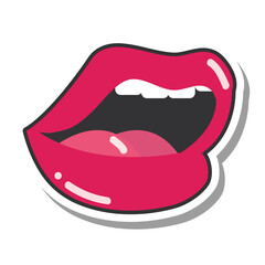 pop art mouth and lips, open sexy wet red lips with teeth, line and fill icon