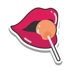 pop art mouth and lips, mouth with candy in stick, line and fill icon