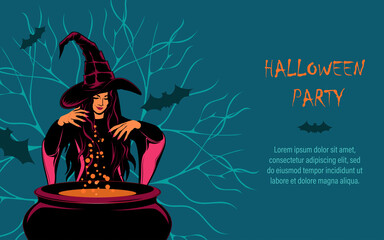 Vector image for the day of halloween. The witch casts a spell over the potion. Halloween party invitation.