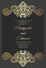 Wedding invitation card template with gold foil pattern. laser cut frame border design