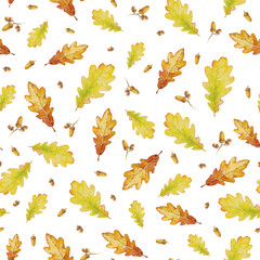 Vector watercolor seamless pattern with autumn oak leaves.