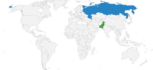 Russia, Pakistan countries isolated on world map. Business concepts and Backgrounds.