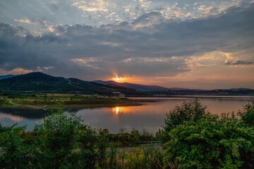 Beautiful sunset on the lake Mucharz. Jezioro Mucharskie, Poland