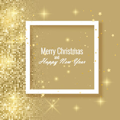 Greeting card with gold background with glitter texture, Christmas greeting card, vector illustration