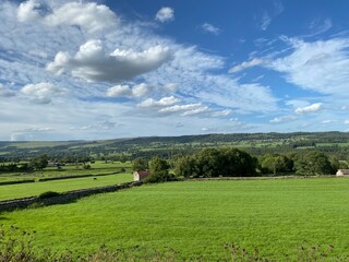 Landscape view, of the countryside at West Witton, with fields, meadows, trees and farms near Leyburn, UK