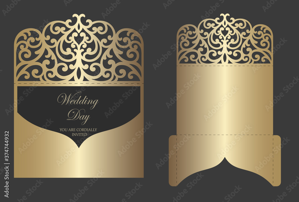 Wall mural Laser cut pocket envelope for wedding invitations. ornamental wedding invite mockup. pocket envelope design.