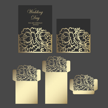 Laser cut wedding invitation pocket fold envelope design with peony pattern. floral lace design. cutting plotter template.