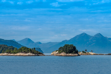 Ferry crossing the Langfjord (an arm of the Romsdalsfjord) between Solsnes and Afarnes, More og Romsdal County, Norway. Breathtaking fjord and mountain landscapes