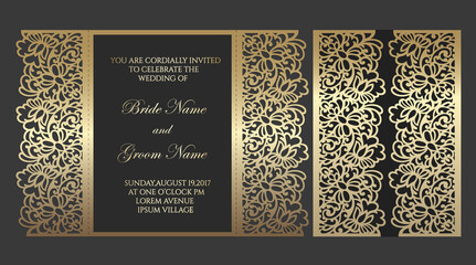 Gate fold laser cut wedding invitation. Vector template for laser cutting.