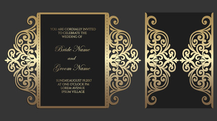 Fototapeta na wymiar Gate fold laser cut wedding invitation. Vector template for laser cutting.