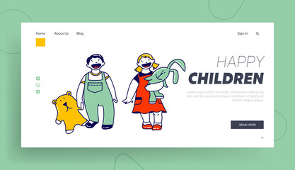 Cute Children Male and Female Cute Characters Happily Smiling Landing Page Template. Baby Couple Two or Three Years Old