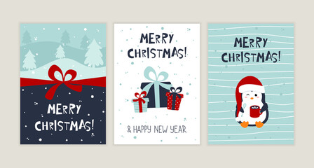 Set of Merry Christmas and Happy New Year greeting cards. Fun festive postcard with cute penguin and hand drawn lettering