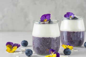 Blueberry yogurt parfait with chia pudding, coconut yoghurt, fresh berries and flowers in glasses...