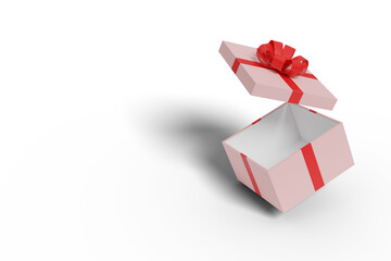Pink gift box with red bow isolated on a white background. 3d illustration.