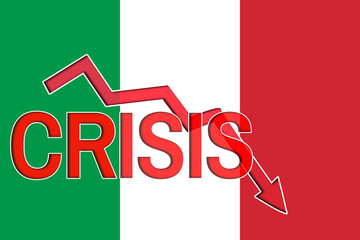 Fototapeta premium Fall graph and word crisis on the background of the flag of Italy. Economic crisis and recession in Italy.