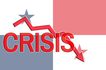 Fototapeta na wymiar Fall graph and word crisis on the background of the flag of Panama. Economic crisis and recession in Panama
