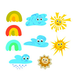 Set of vector drawings of children's rainbow, clouds, sun handmade on a white isolated background. Cute bed pattern in flat design. Printing on textiles, wallpaper, clothing.
