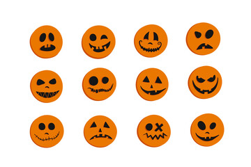 Set of round orange stickers with faces. Halloween pumpkins with different emotions joy, curiosity, fear, surprise, horror, fun, sadness, happiness. Cartoon oranges icons. Doodle style.