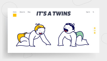 Baby Couple Boy and Girl in Diapers Crawl on Floor Landing Page Template. Cute Children Male and Female Cute Characters