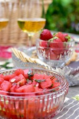 Fun summer setting for outdoor gourmet romantic date picnic in beautifully landscaped backyard for stay at home vacation 